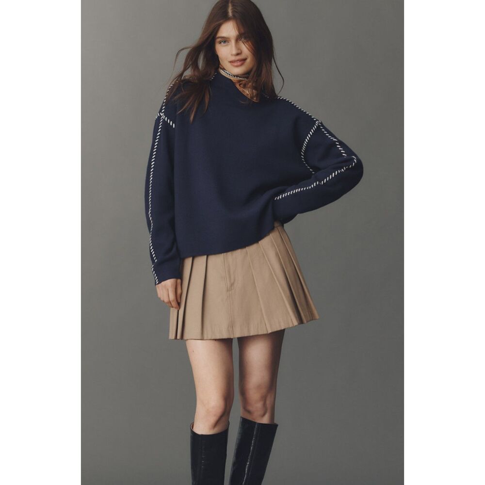 Anthropologie Maeve The Carys Mock-Neck Sweater Navy Blue White Trim Size Small